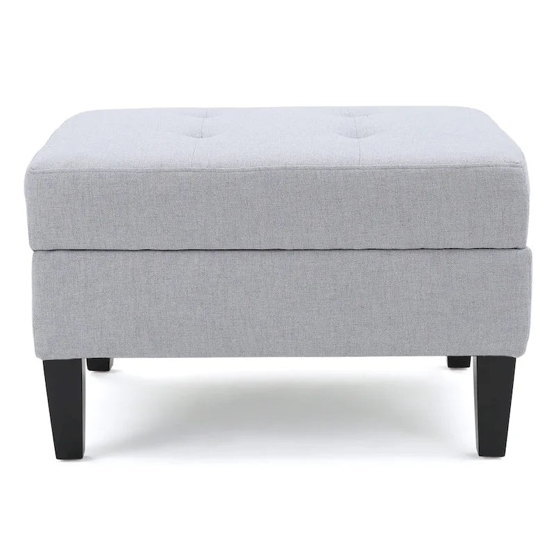 Otomano tapizado acolchado de almacenamiento de color gris claro con patas de madera de abedul