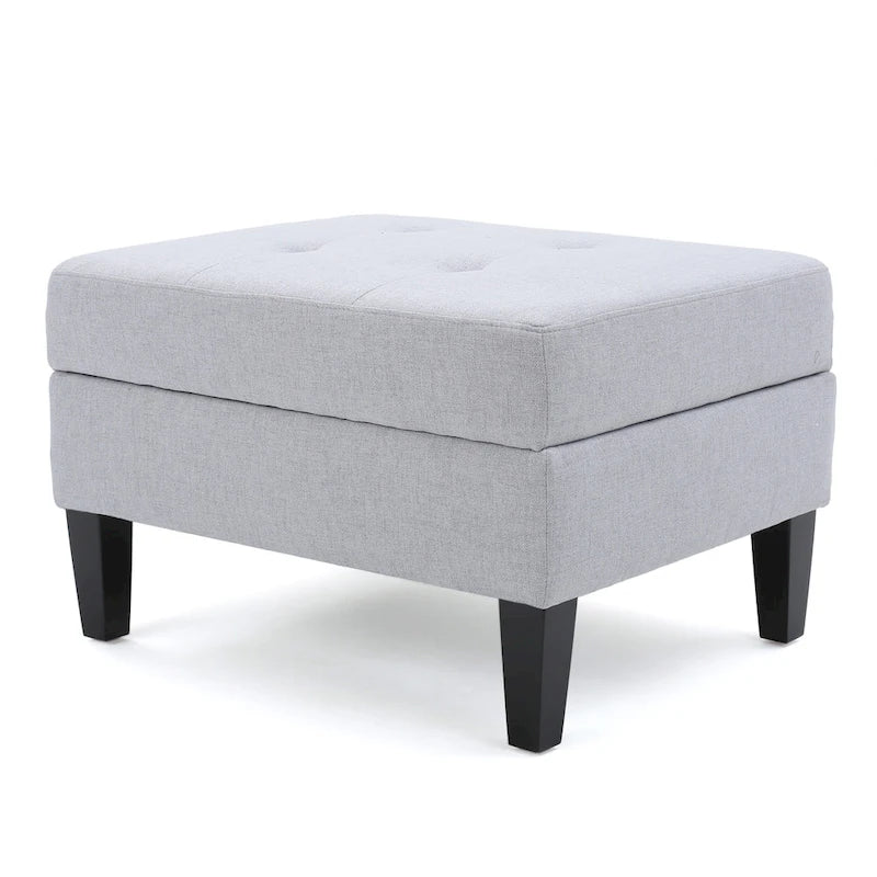 Otomano tapizado acolchado de almacenamiento de color gris claro con patas de madera de abedul