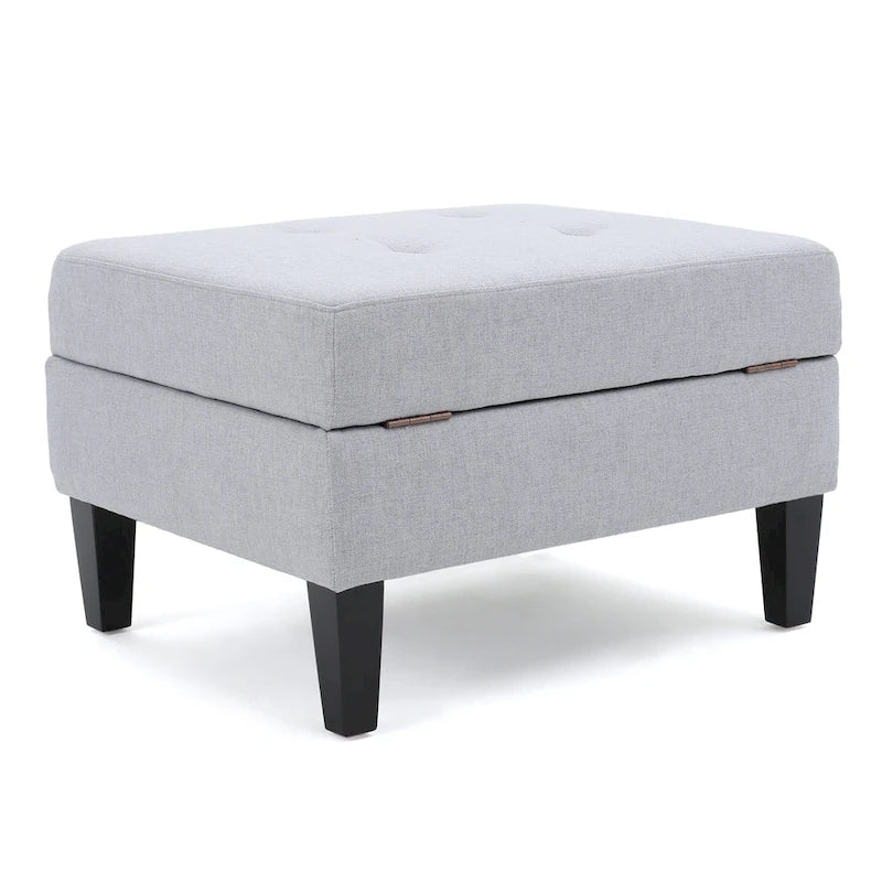 Otomano tapizado acolchado de almacenamiento de color gris claro con patas de madera de abedul