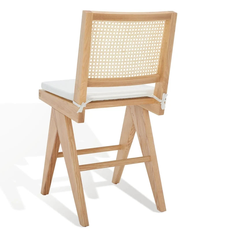 Taburete alto de madera de fresno natural y ratán con cojín acolchado blanco