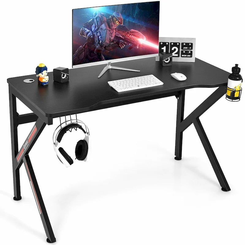 Escritorio negro de computadora para videojuegos, con forma de K, portavasos y gancho para auriculares