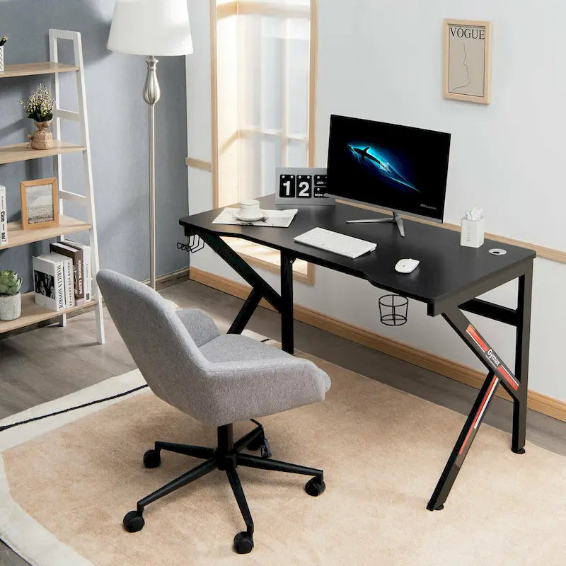 Escritorio negro de computadora para videojuegos, con forma de K, portavasos y gancho para auriculares