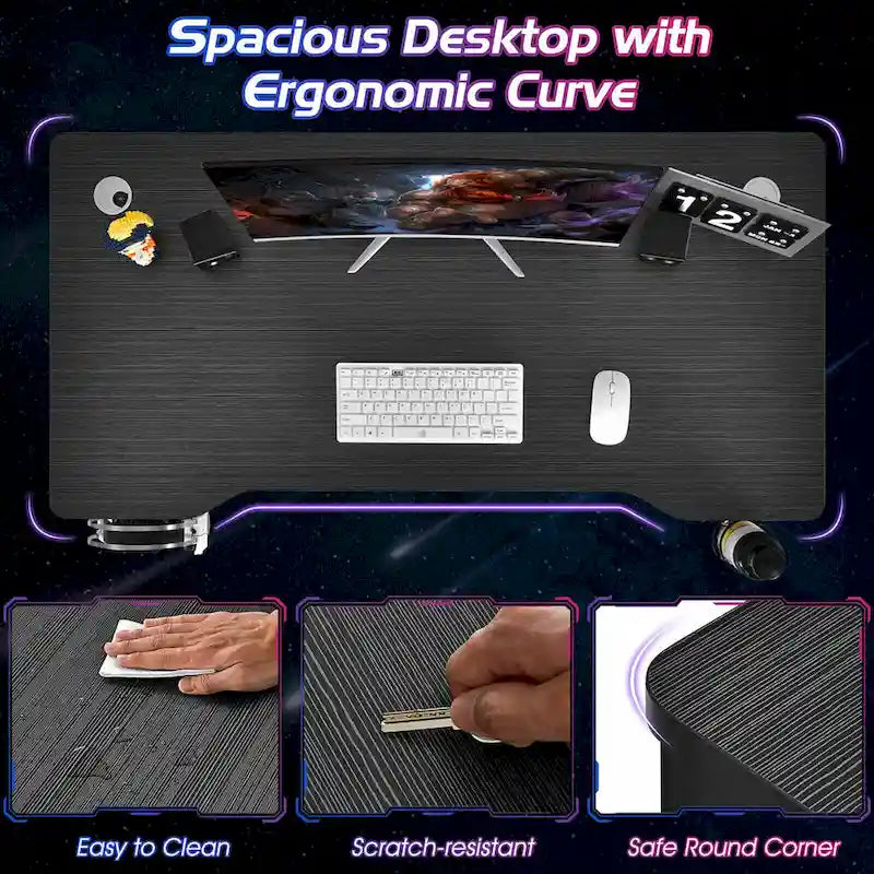 Escritorio negro de computadora para videojuegos, con forma de K, portavasos y gancho para auriculares