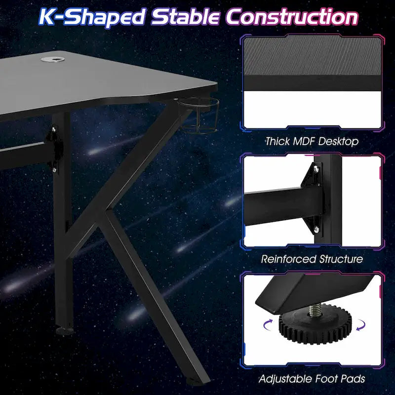 Escritorio negro de computadora para videojuegos, con forma de K, portavasos y gancho para auriculares