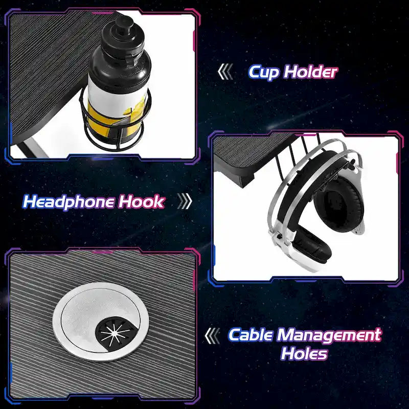 Escritorio negro de computadora para videojuegos, con forma de K, portavasos y gancho para auriculares