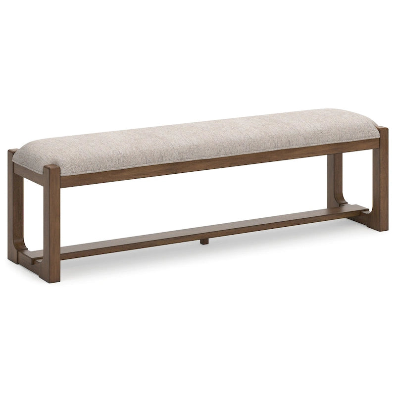 Banco de comedor tapizado en beige avena con estructura de madera marrón estilo granja
