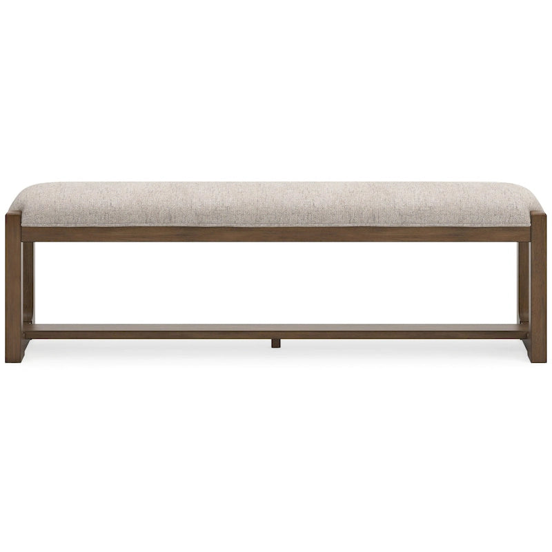 Banco de comedor tapizado en beige avena con estructura de madera marrón estilo granja