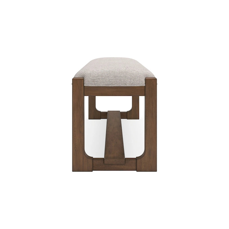 Banco de comedor tapizado en beige avena con estructura de madera marrón estilo granja