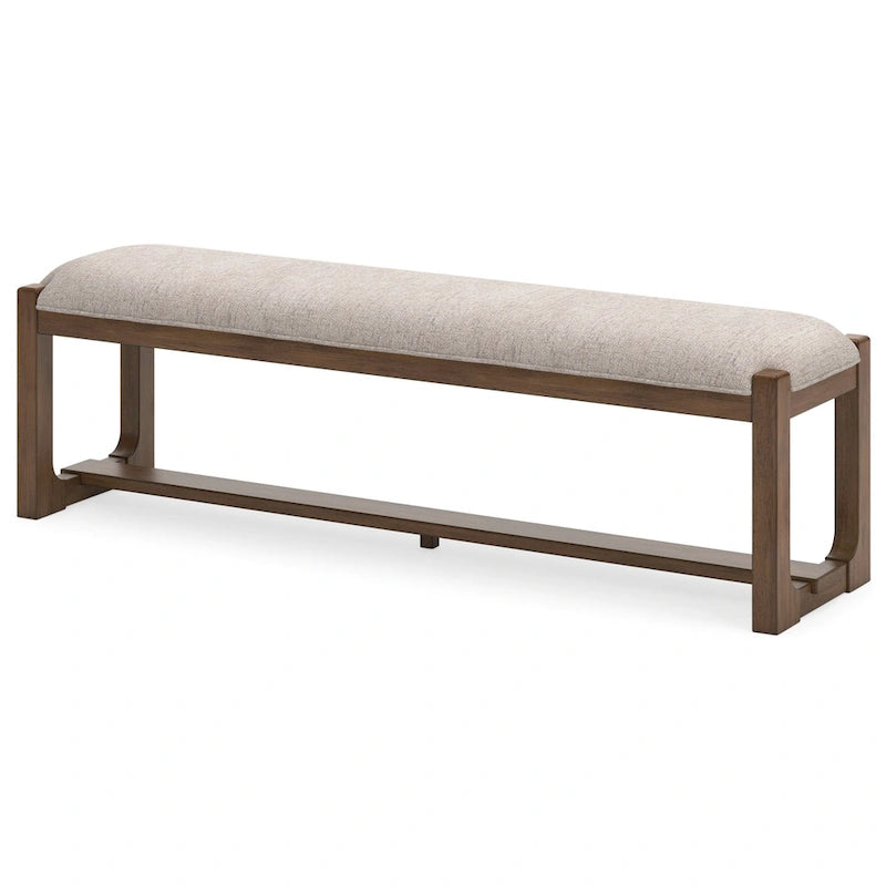 Banco de comedor tapizado en beige avena con estructura de madera marrón estilo granja