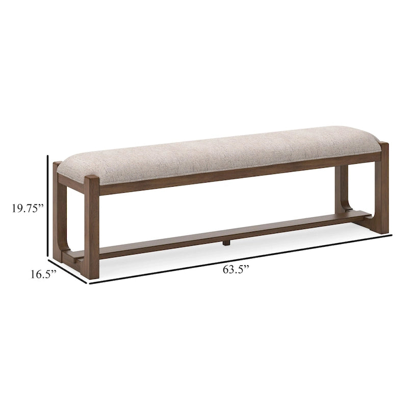 Banco de comedor tapizado en beige avena con estructura de madera marrón estilo granja