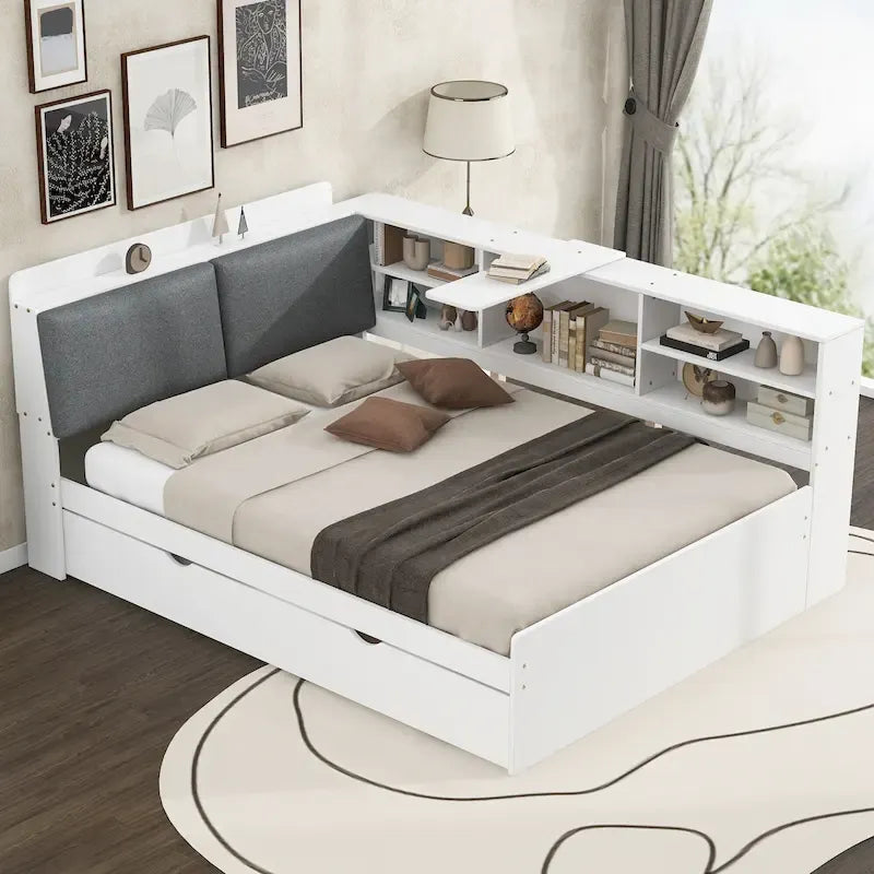 Estructura de diván de madera con almacenamiento, cama de plataforma moderna