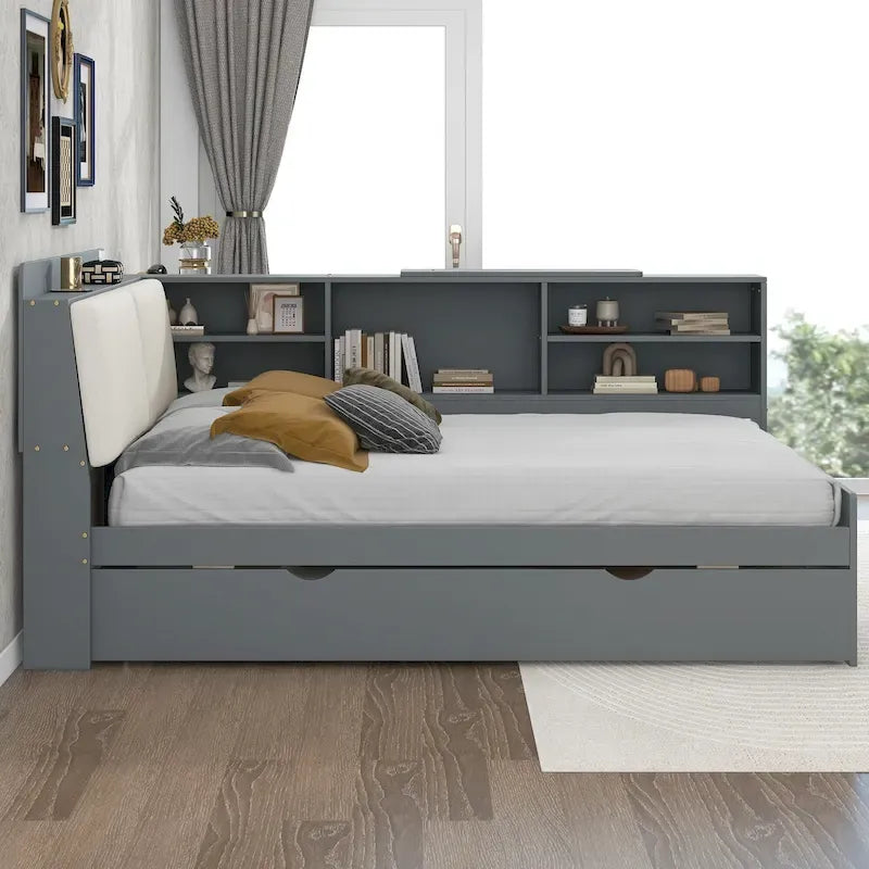 Estructura de diván de madera con almacenamiento, cama de plataforma moderna