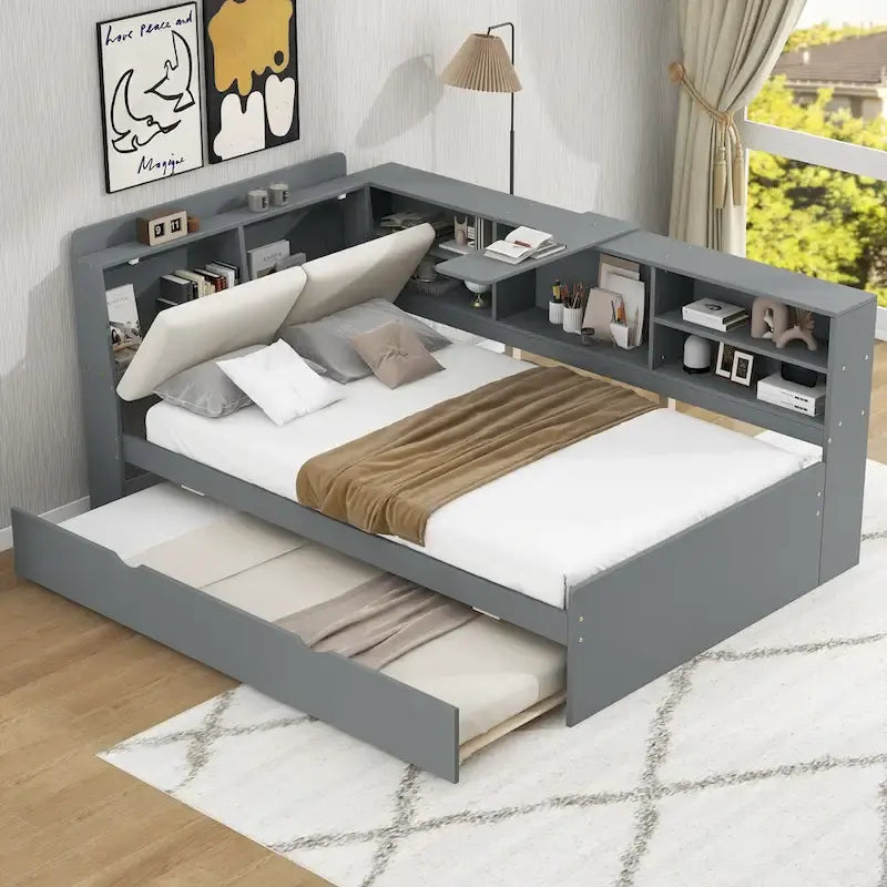 Estructura de diván de madera con almacenamiento, cama de plataforma moderna