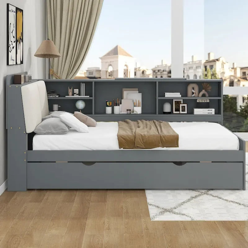 Estructura de diván de madera con almacenamiento, cama de plataforma moderna