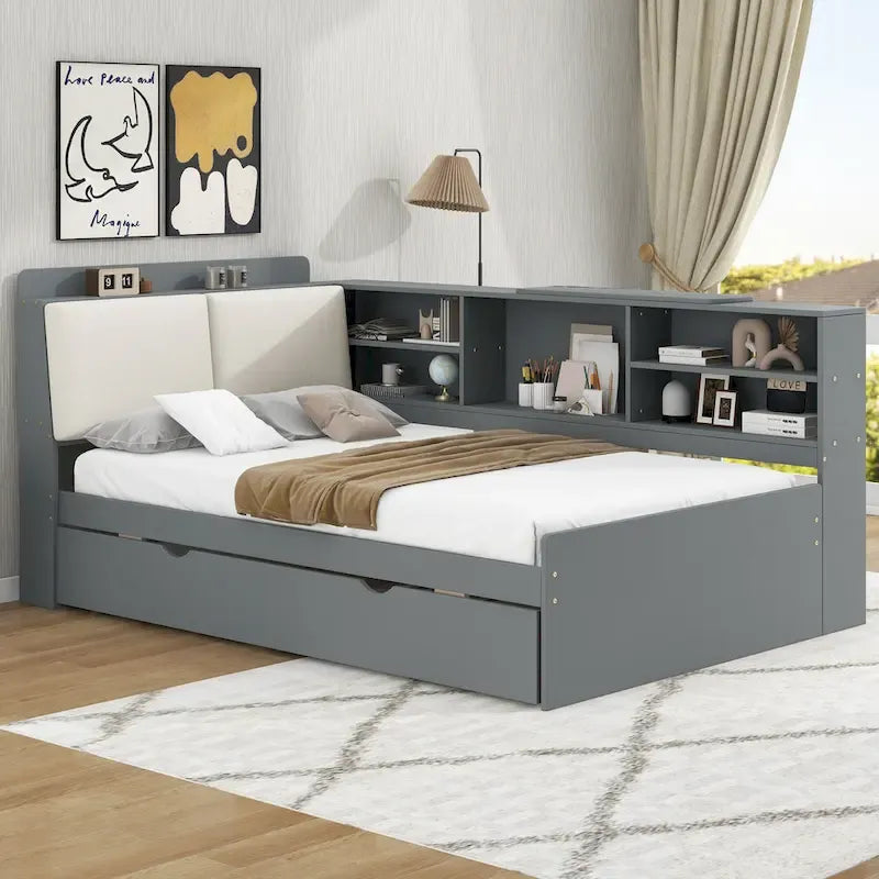 Estructura de diván de madera con almacenamiento, cama de plataforma moderna