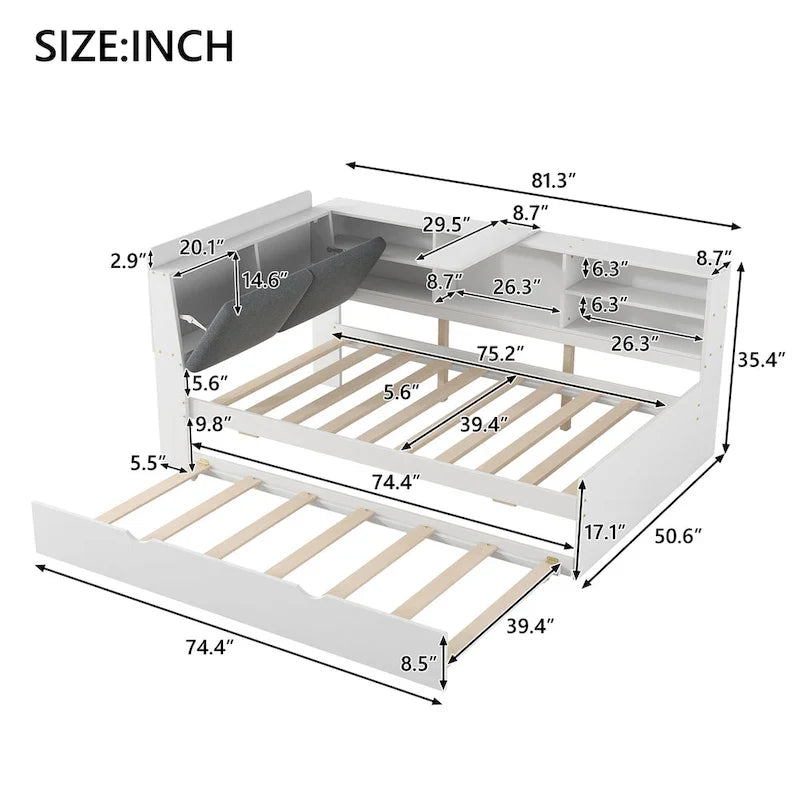 Estructura de diván de madera con almacenamiento, cama de plataforma moderna
