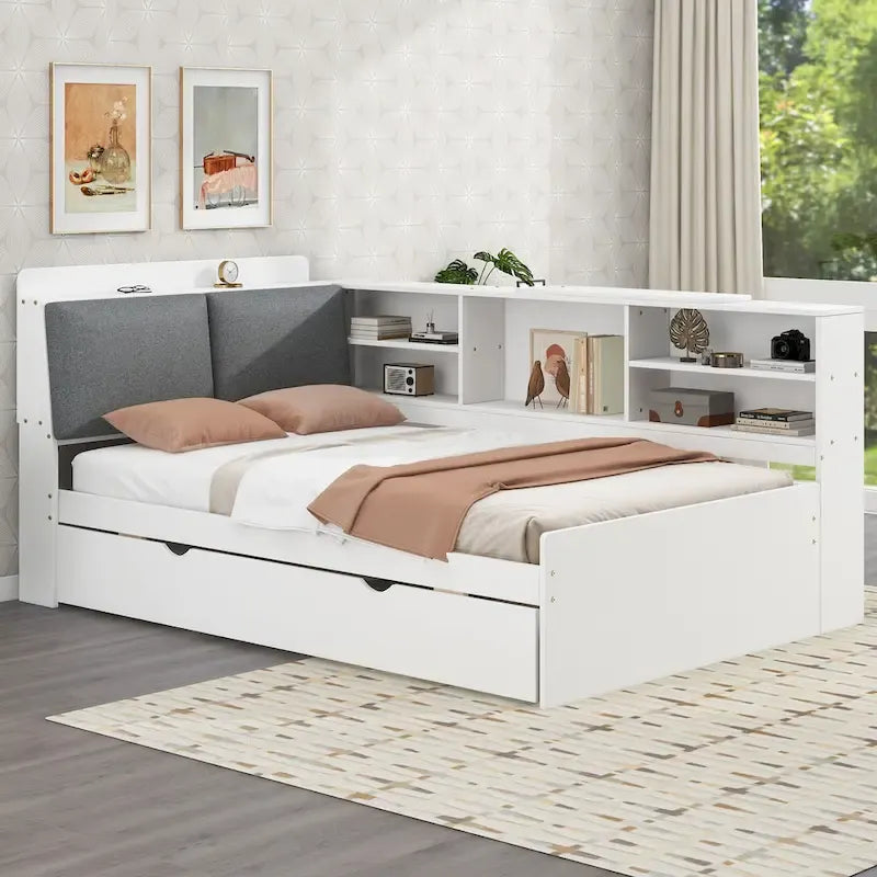 Estructura de diván de madera con almacenamiento, cama de plataforma moderna