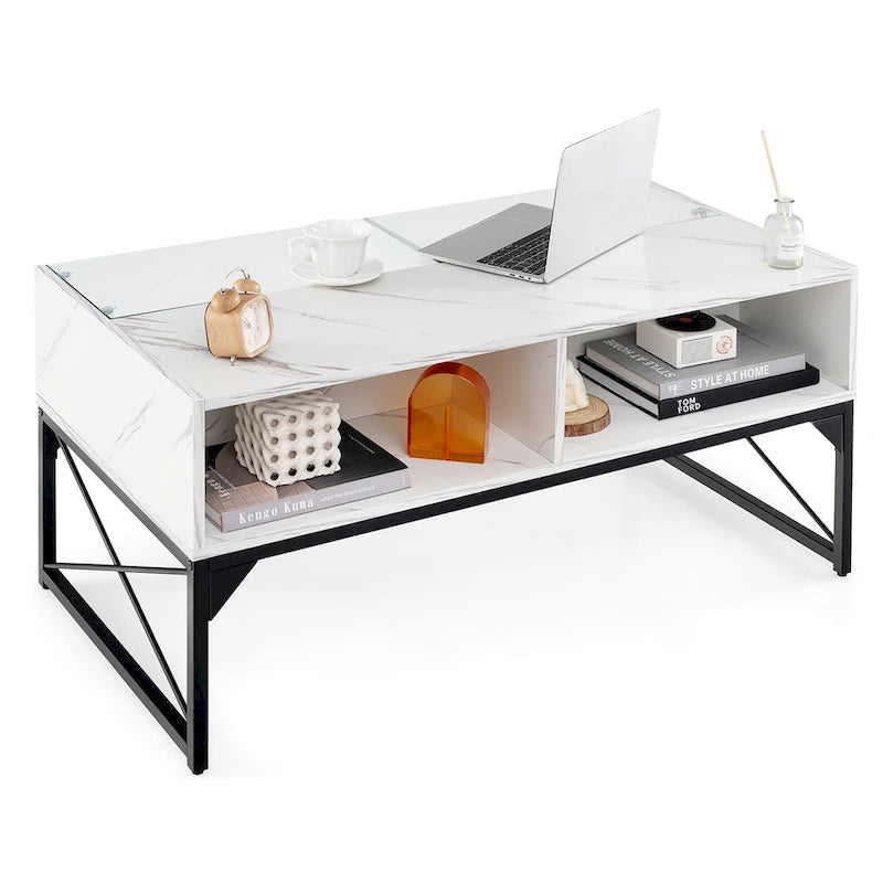 Mesa de centro moderna con iluminación LED, imitación de mármol y superficie de vidrio