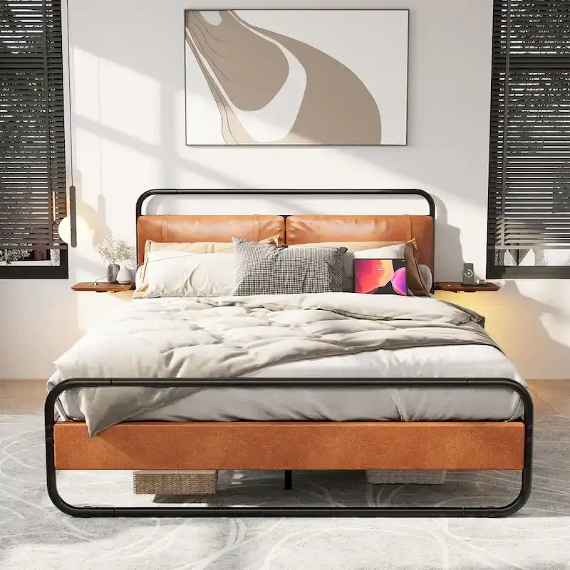 Cama de plataforma de metal en color marrón antiguo con cabecero tapizado y estación de carga