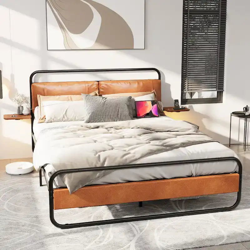 Cama de plataforma de metal en color marrón antiguo con cabecero tapizado y estación de carga