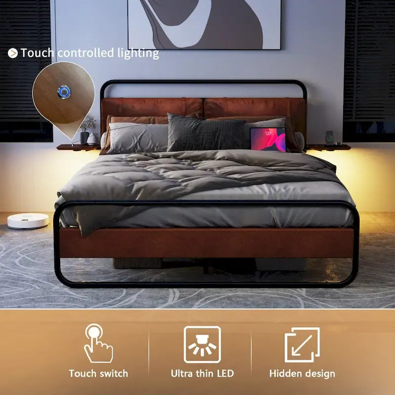 Cama de plataforma de metal en color marrón antiguo con cabecero tapizado y estación de carga