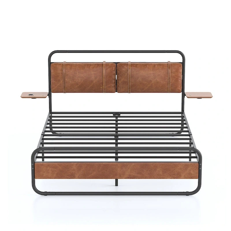 Cama de plataforma de metal en color marrón antiguo con cabecero tapizado y estación de carga