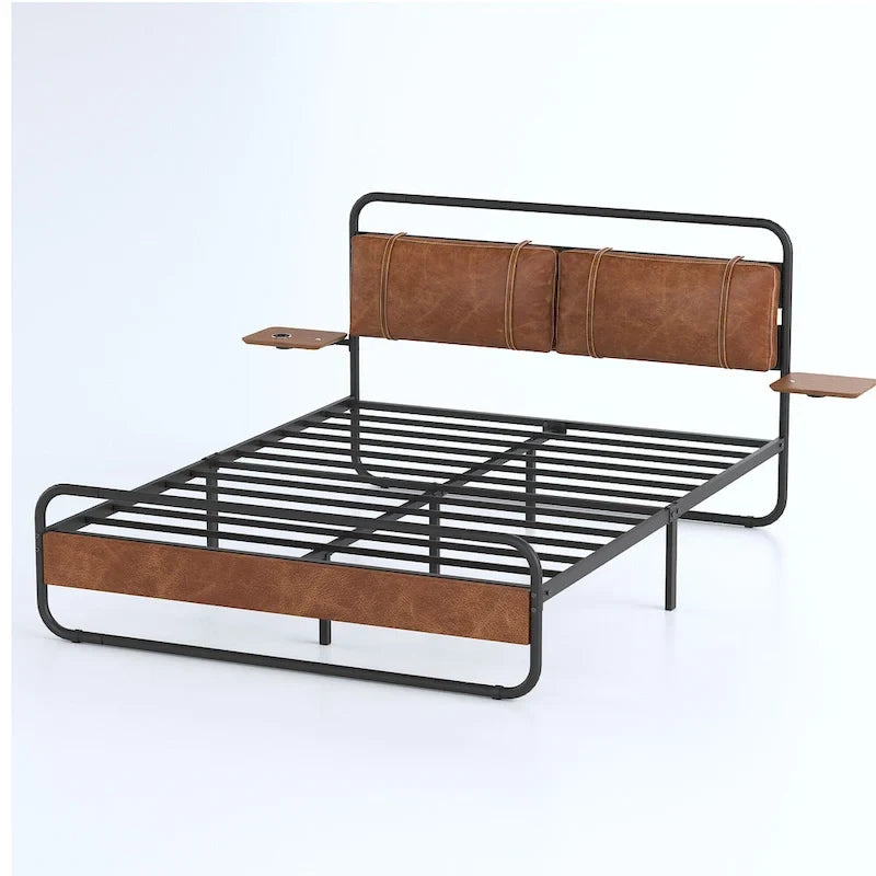 Cama de plataforma de metal en color marrón antiguo con cabecero tapizado y estación de carga