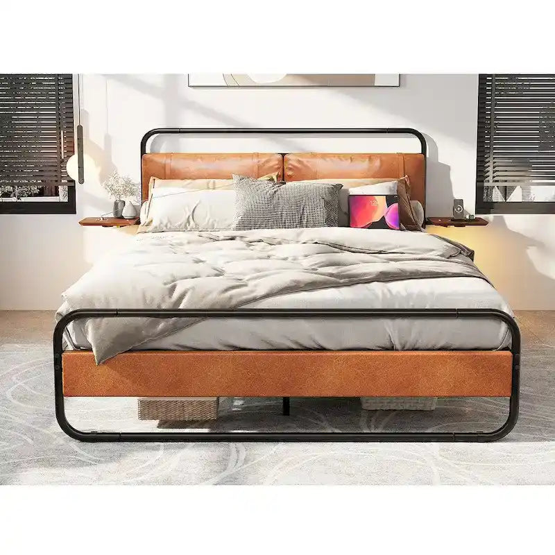 Cama de plataforma de metal en color marrón antiguo con cabecero tapizado y estación de carga