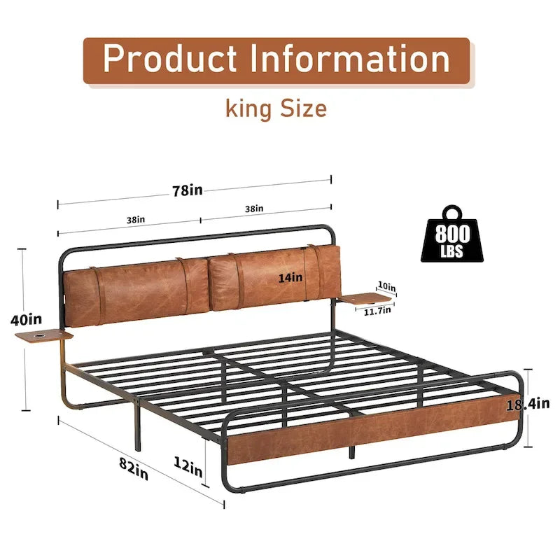 Cama de plataforma de metal en color marrón antiguo con cabecero tapizado y estación de carga