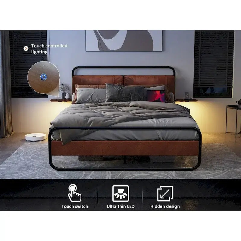 Cama de plataforma de metal en color marrón antiguo con cabecero tapizado y estación de carga
