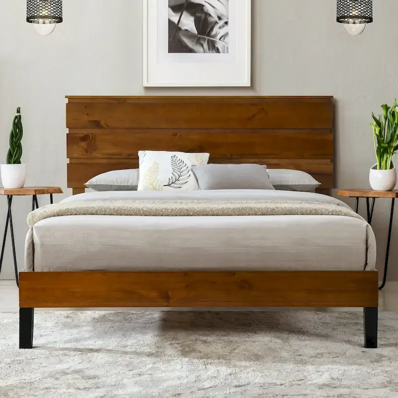 Brown Solid Pine Wood Platform Bed with Horizontal Panel Headboard
