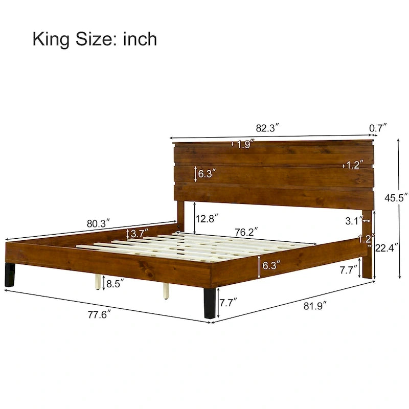 Cama de plataforma de madera maciza de pino marrón con cabecero de paneles horizontales