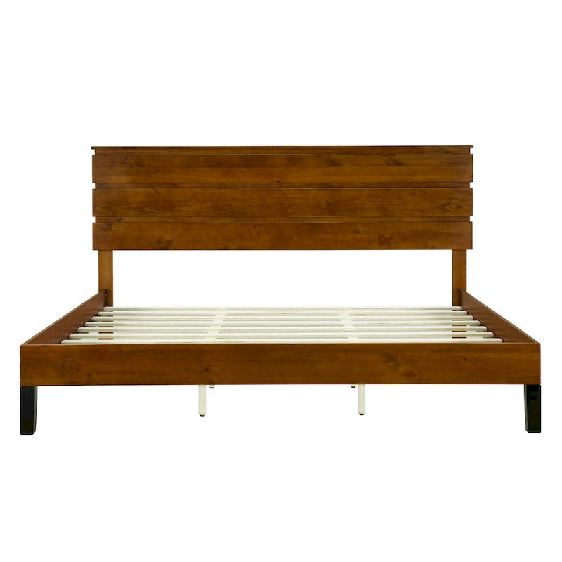 Cama de plataforma de madera maciza de pino marrón con cabecero de paneles horizontales