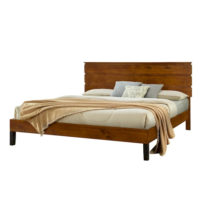 Brown Solid Pine Wood Platform Bed with Horizontal Panel Headboard