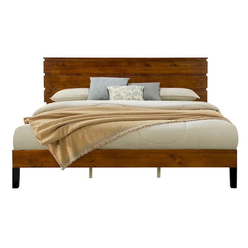 Brown Solid Pine Wood Platform Bed with Horizontal Panel Headboard