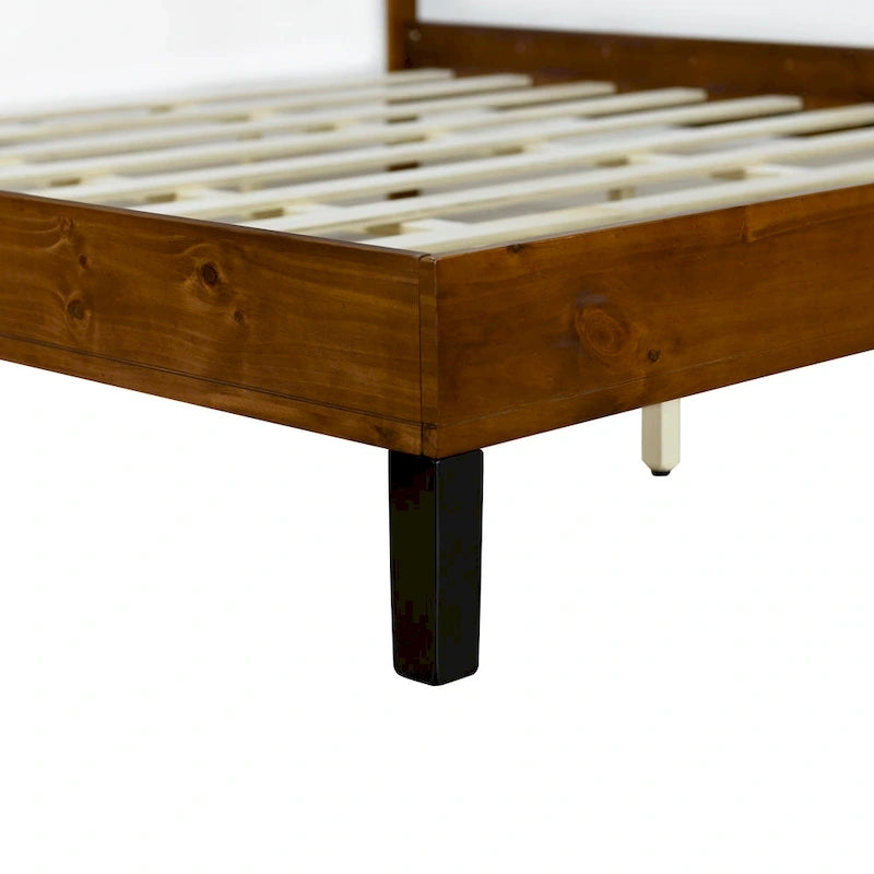 Brown Solid Pine Wood Platform Bed with Horizontal Panel Headboard