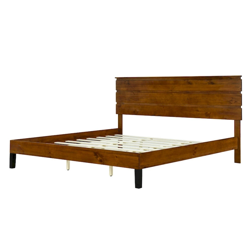 Brown Solid Pine Wood Platform Bed with Horizontal Panel Headboard