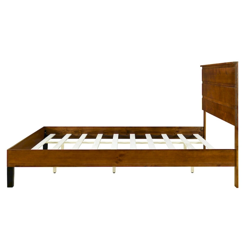 Brown Solid Pine Wood Platform Bed with Horizontal Panel Headboard