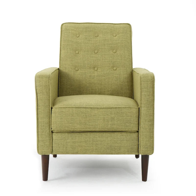 Groene stoffen gecapitonneerde relaxfauteuil met naar achteren te duwen rugleuning en taps toelopende poten van beukenhout