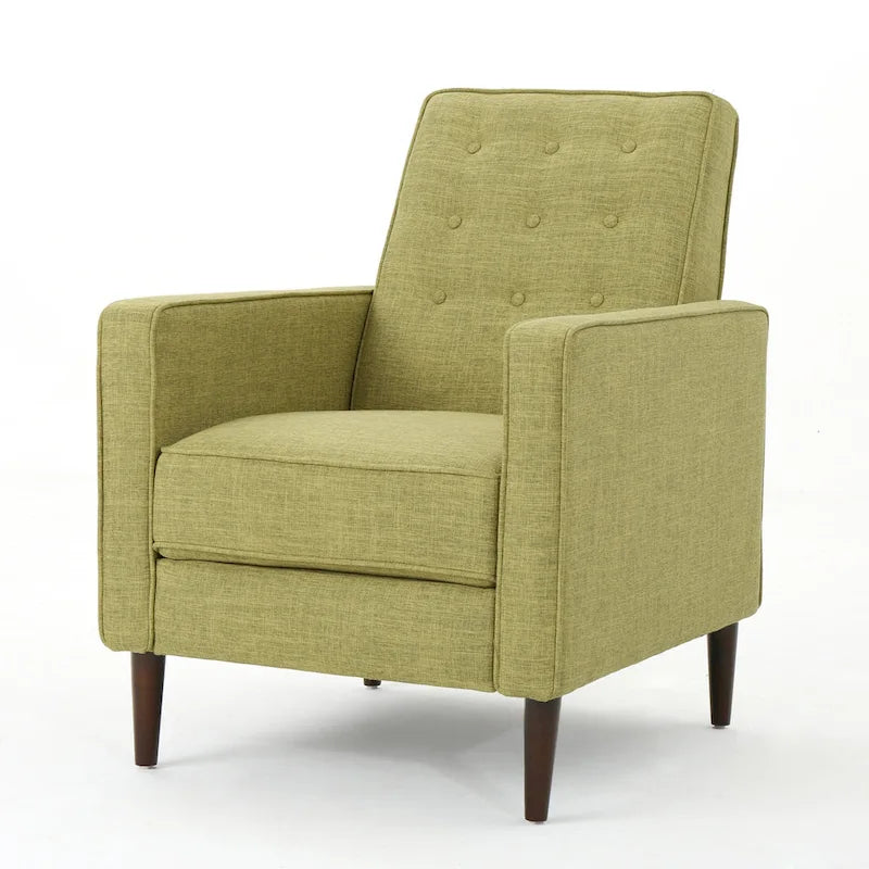 Groene stoffen gecapitonneerde relaxfauteuil met naar achteren te duwen rugleuning en taps toelopende poten van beukenhout