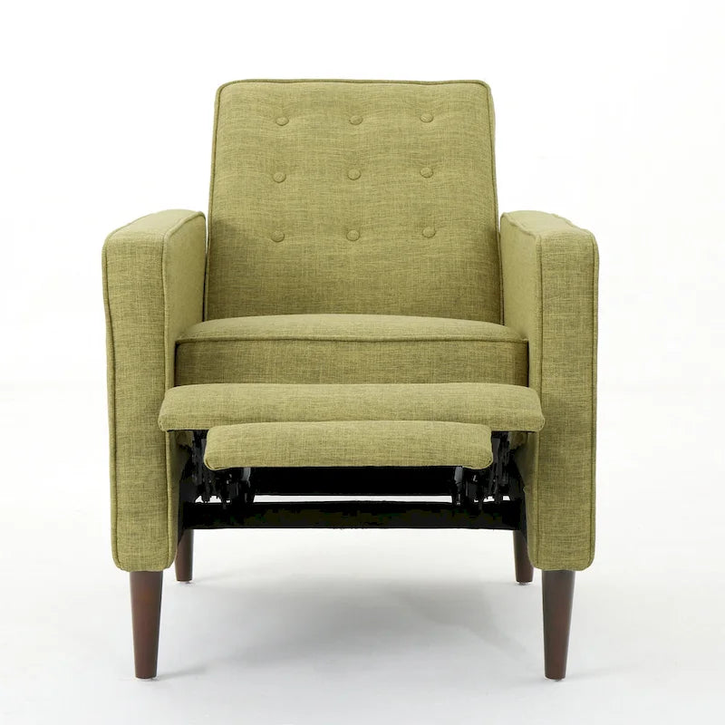 Groene stoffen gecapitonneerde relaxfauteuil met naar achteren te duwen rugleuning en taps toelopende poten van beukenhout