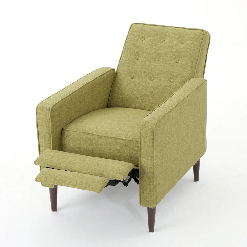 Groene stoffen gecapitonneerde relaxfauteuil met naar achteren te duwen rugleuning en taps toelopende poten van beukenhout