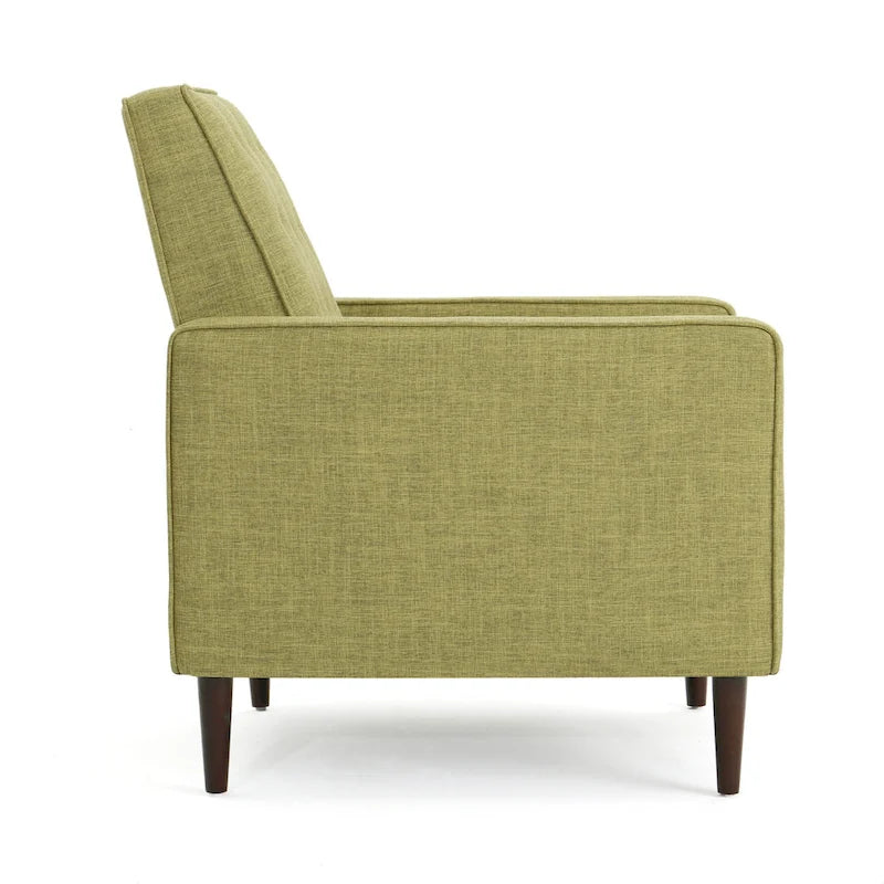 Groene stoffen gecapitonneerde relaxfauteuil met naar achteren te duwen rugleuning en taps toelopende poten van beukenhout