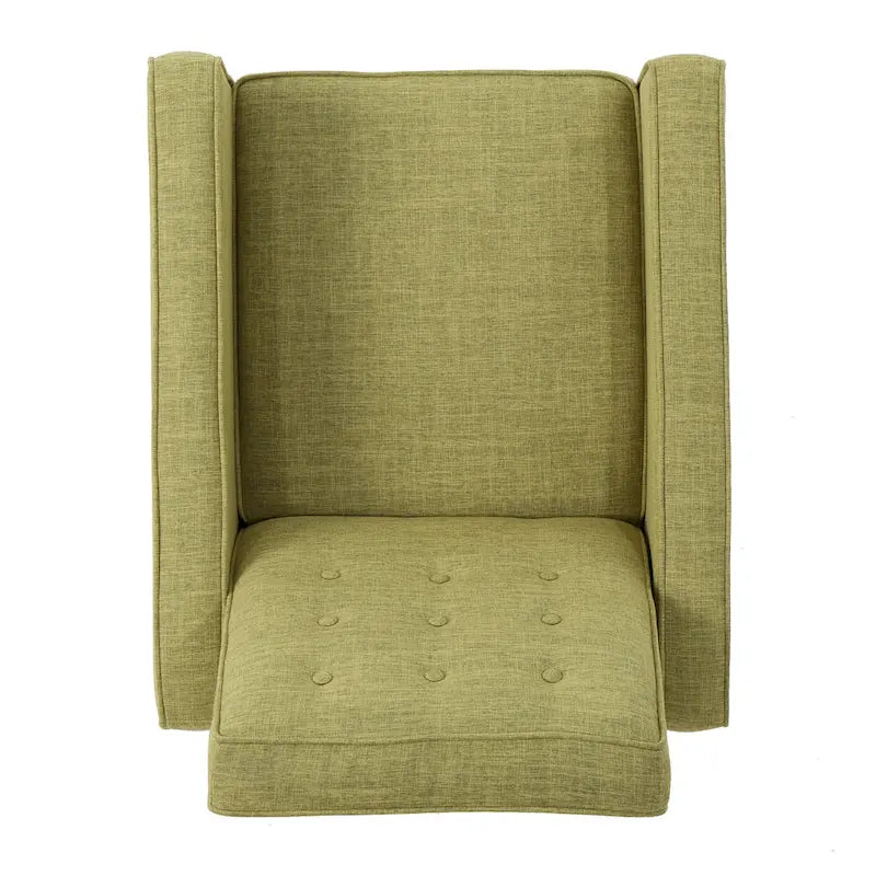 Groene stoffen gecapitonneerde relaxfauteuil met naar achteren te duwen rugleuning en taps toelopende poten van beukenhout