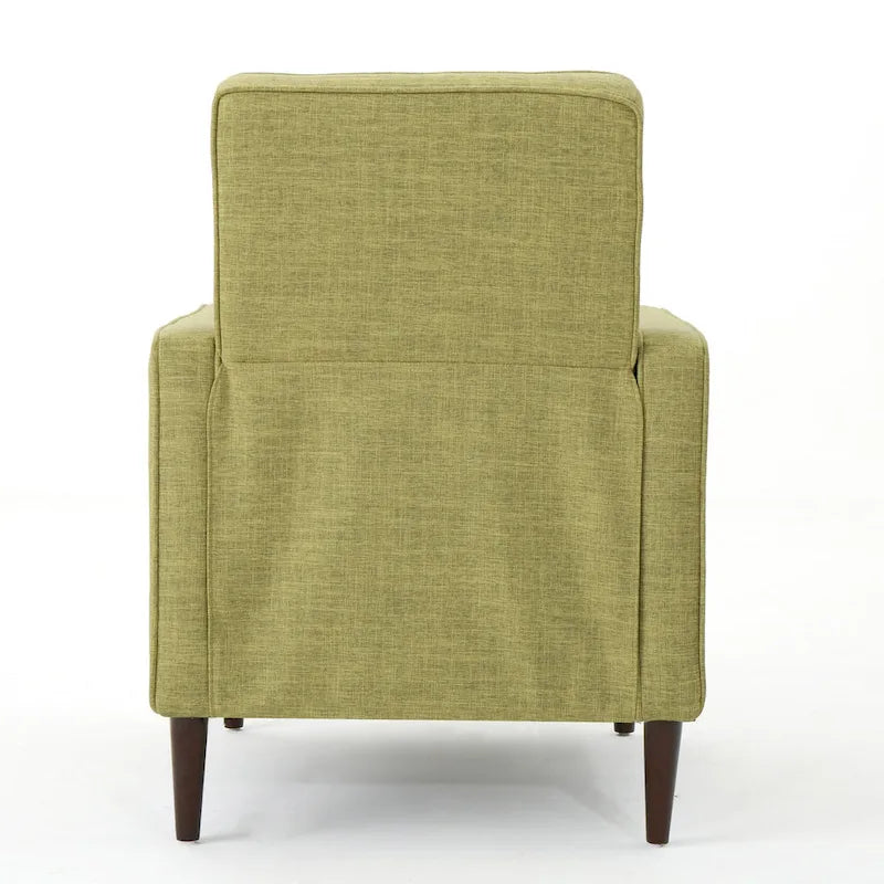Groene stoffen gecapitonneerde relaxfauteuil met naar achteren te duwen rugleuning en taps toelopende poten van beukenhout