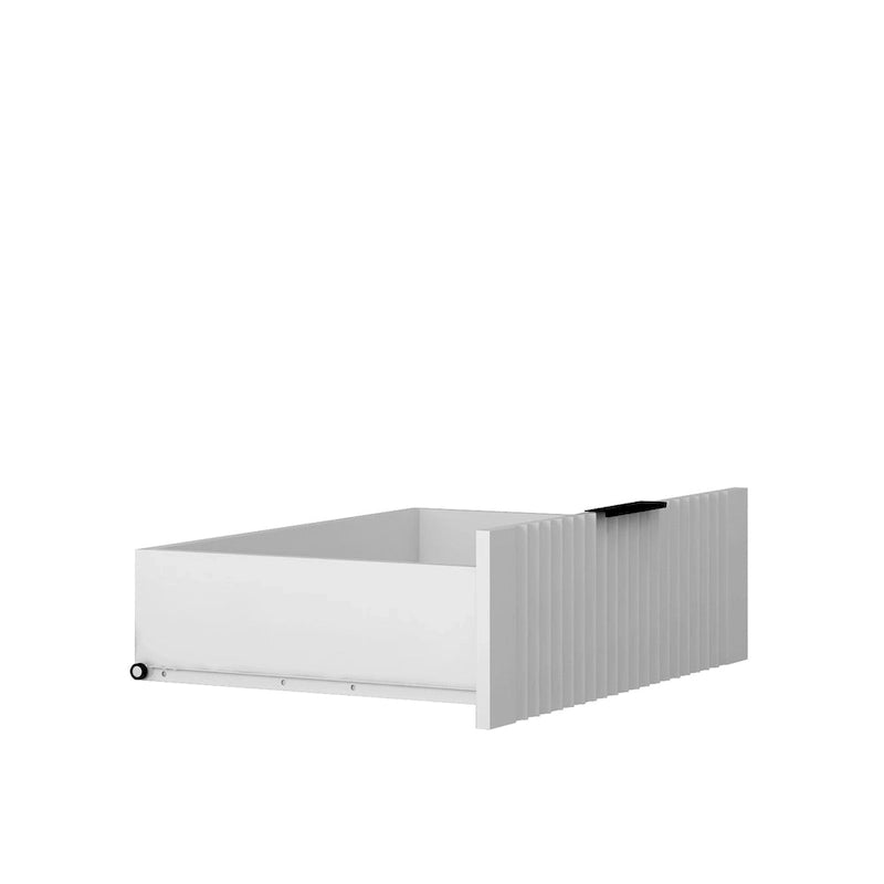 Armario ropero blanco estriado con puerta corrediza estilo granero y cajones de almacenamiento