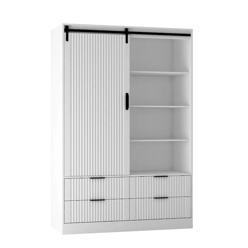 Armario ropero blanco estriado con puerta corrediza estilo granero y cajones de almacenamiento