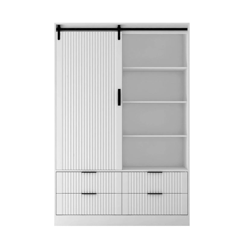 Armario ropero blanco estriado con puerta corrediza estilo granero y cajones de almacenamiento
