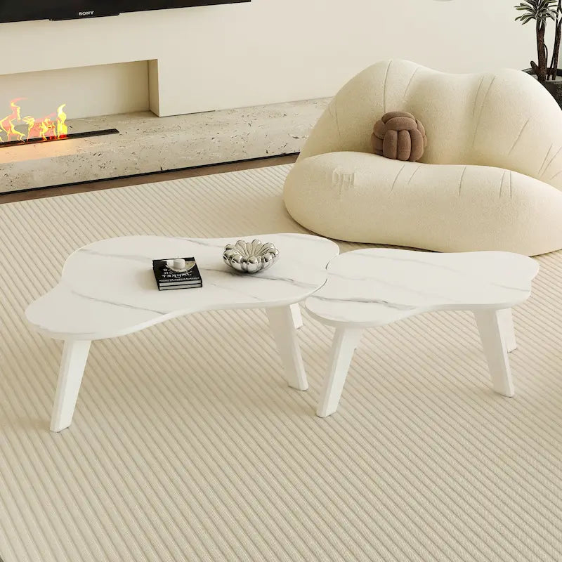 Conjunto moderno de 2 mesas de centro con forma de nube, patas de madera maciza y panel de MDF para la sala de estar