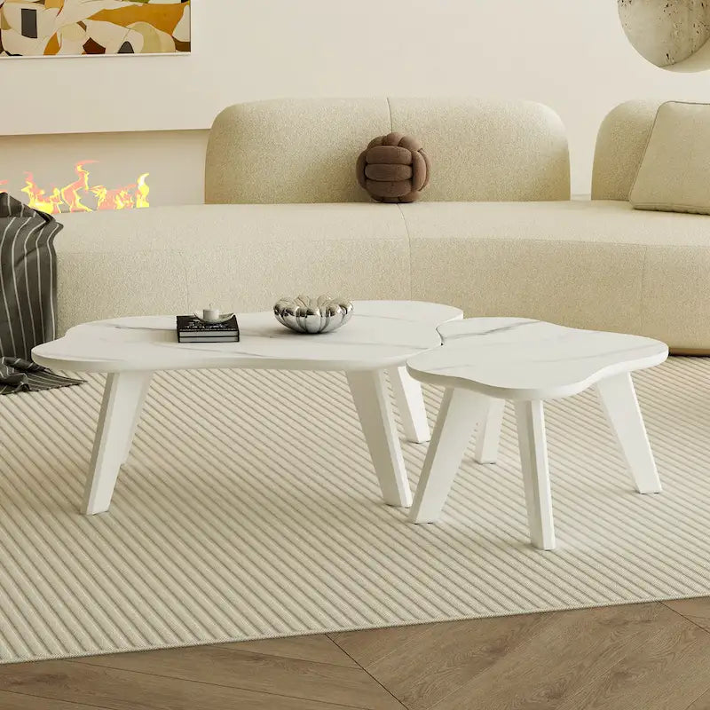 Conjunto moderno de 2 mesas de centro con forma de nube, patas de madera maciza y panel de MDF para la sala de estar